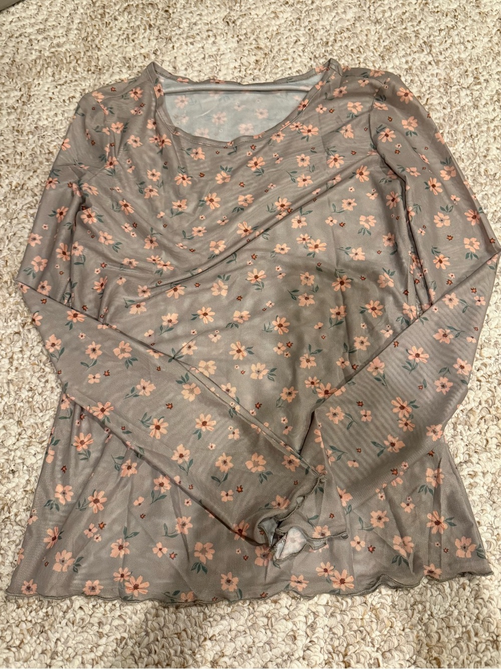 Floral Long-Sleeve Women's Top - Pink Flowers on Taupe, sheer